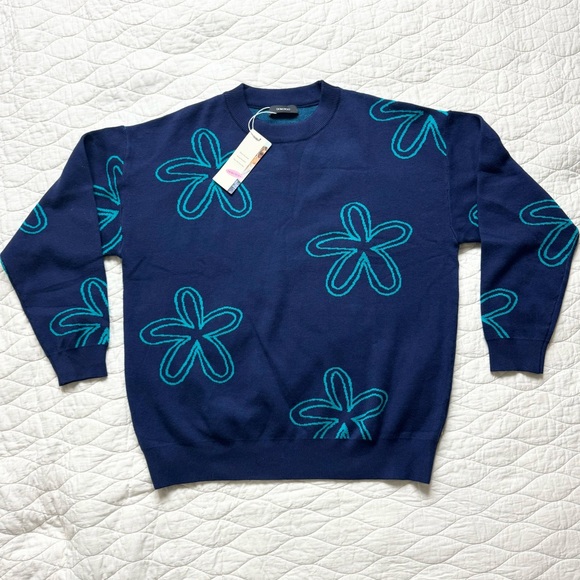Dokotoo Floral Knit Sweater Boho Crew Neck GrandmaCore Long Sleeve Navy XL NWT - Picture 3 of 14